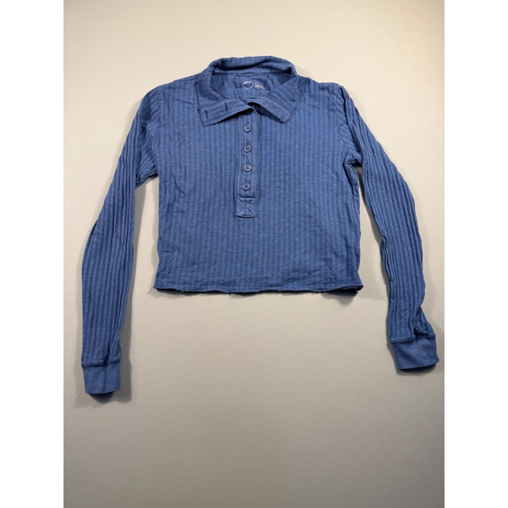 Aerie Blue Ribbed Long Sleeve Cropped Polo Shirt XS Raw Hem Button Up